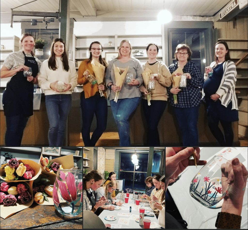 Group of women painting at a bachelorette paint and sip party in Vermont